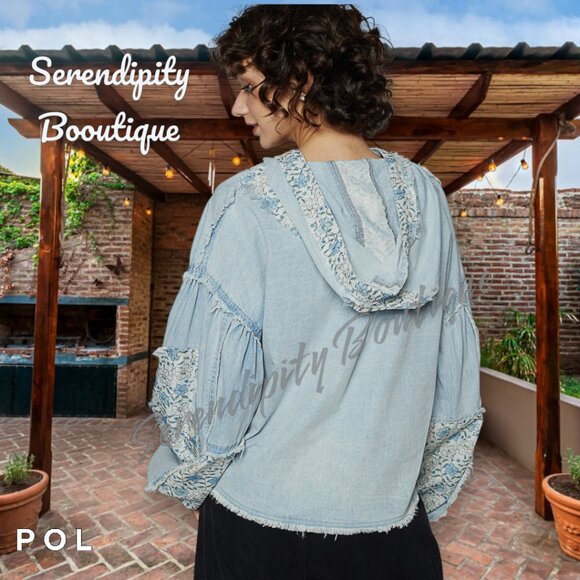 POL Perfect Hoodie Lightweight Denim Twill Button Up Baggy Drop Shoulder Jacket - Picture 2 of 11